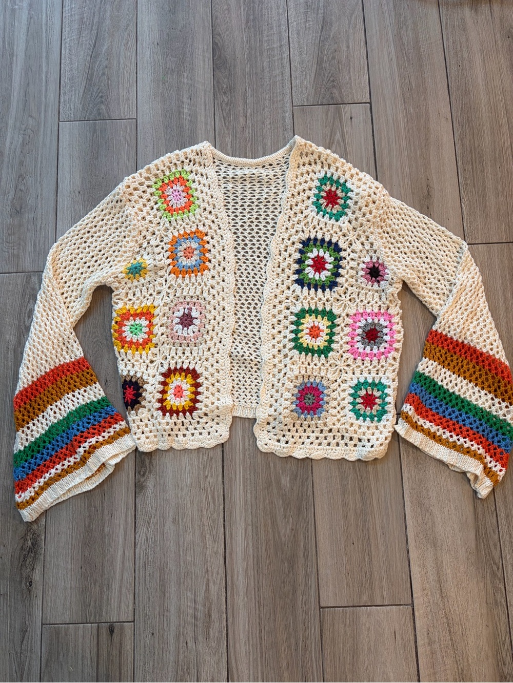 Handmade Cream Crochet Multicolor Square Sweater